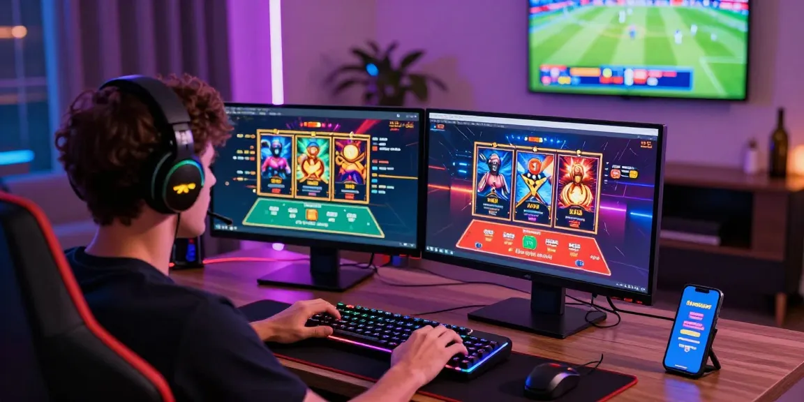 Player immersed in gameplay on Mastercard casino sites, surrounded by gaming gear and sports entertainment.