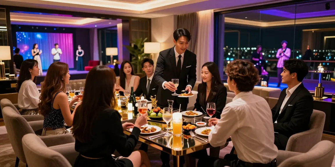 강남구구단에서 고급스러운 룸살롱 분위기를 즐기는 모습으로, 유럽식 장식과 조명 아래에서 음료를 서빙하는 매니저가 포함된 장면입니다.