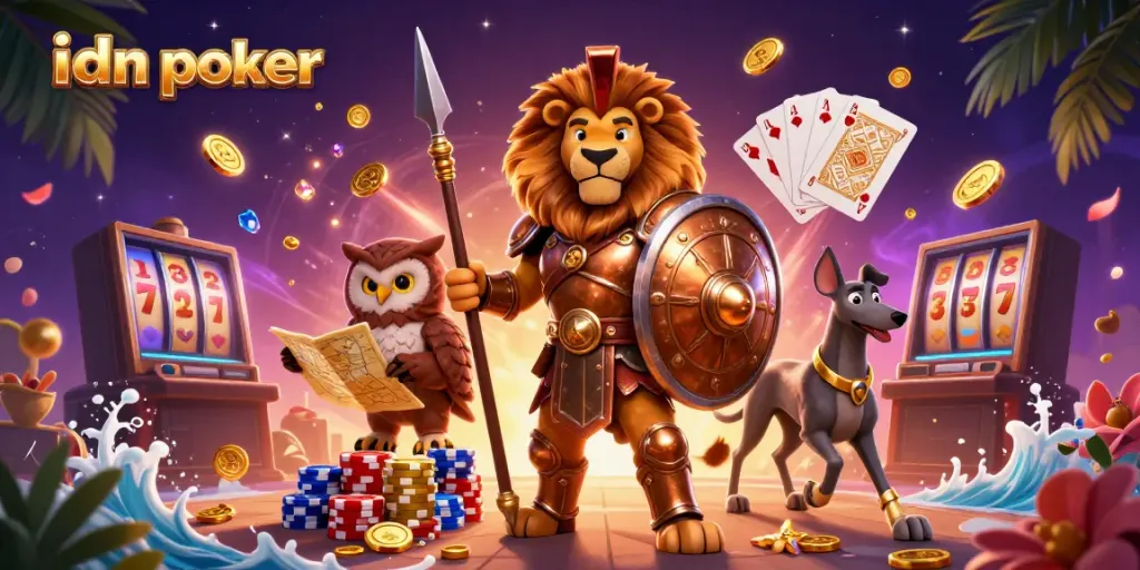 Experience the excitement of idn poker with a golden treasure-filled casino scene featuring a Spartan lion, owl strategist, and greyhound messenger.