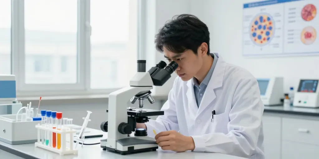 Klow peptide research in a modern lab with a scientist analyzing samples and studying cellular rejuvenation.