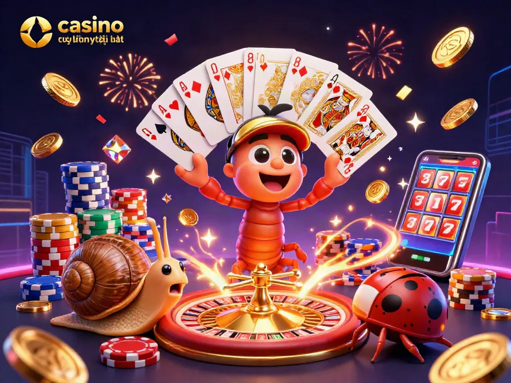 Cảnh casino trực tuyến uy tín nhất với nhân vật vui nhộn và chi tiết, khuyến khích người chơi tham gia.
