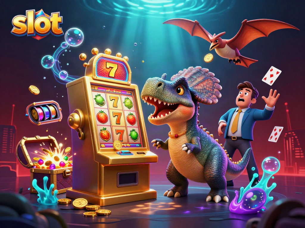 Slot machine jackpot triggered by a cartoon dinosaur in an oceanic casino scene.