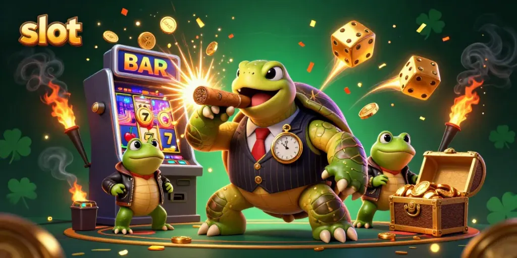 Experience thrilling slot jackpots with a cartoon turtle in a mobster suit amidst a colorful casino