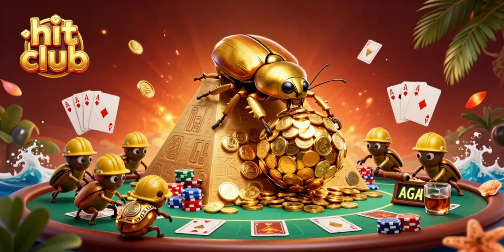 Engage in thrilling gameplay at hit club with golden beetles rolling coins in a vibrant casino