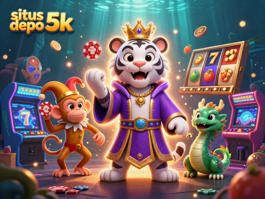 Spin big wins at situs depo 5k with a lively scene featuring a royal tiger, jester monkey, and exciting games.