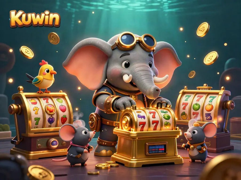 Engage with KUWIN in an exciting casino world featuring a steampunk elephant and slot machine.