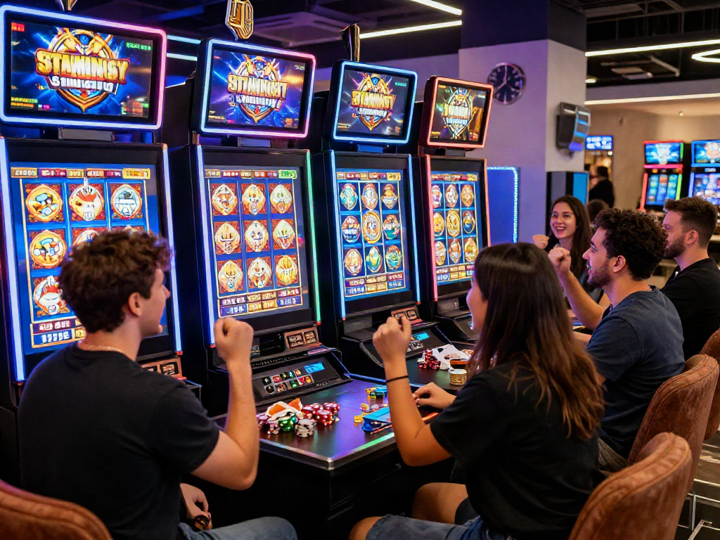 Friends enjoying a slot jepang gaming session at an online casino with vibrant displays and a lively atmosphere.