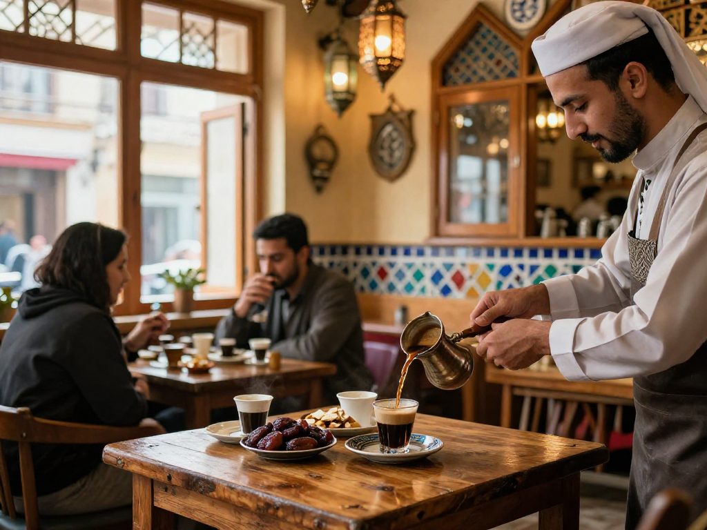 قهوجي وصبابين في مقهى تقليدي مع قهوة عربية وأجواء دافئة