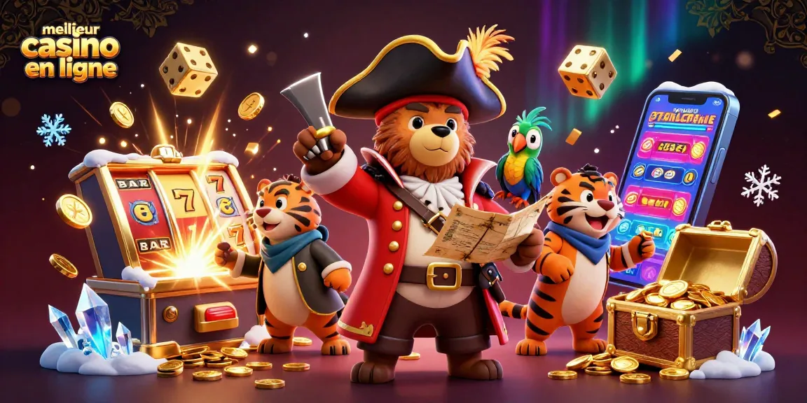 Image dynamique du meilleur casino en ligne mettant en avant un ours pirate et un tigre amid des machines à sous