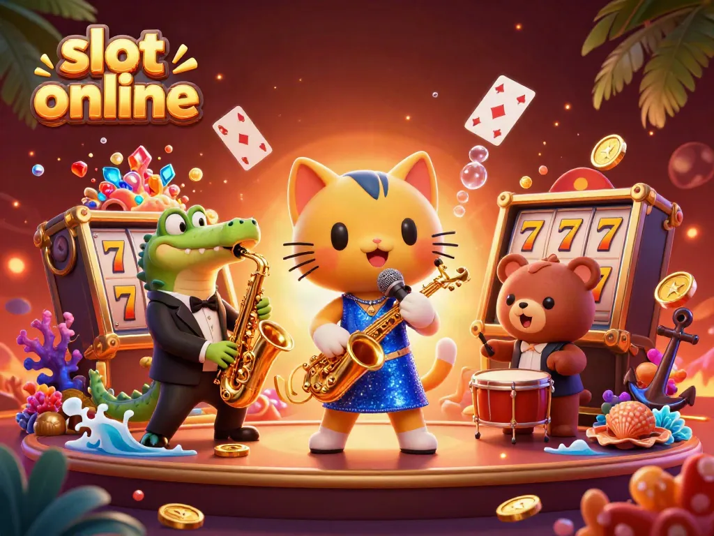 Spin to win with a vibrant scene featuring a jazz-singer cat and friends, encapsulating the essence of slot online adventures.