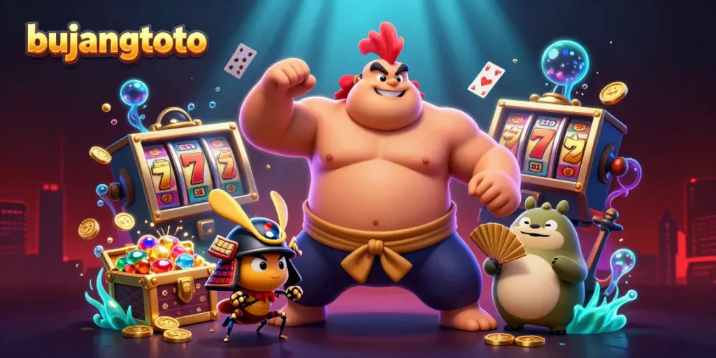 Engage in dynamic action with bujangtoto featuring a powerful sumo rooster, fierce cricket, and vibrant casino elements.