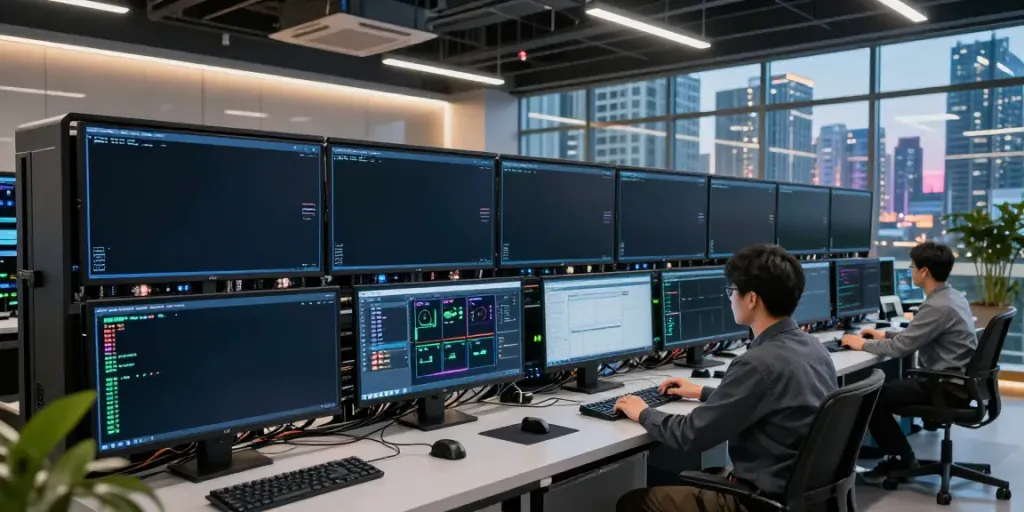 Technician managing GPU computing infrastructure in a high-tech data center.