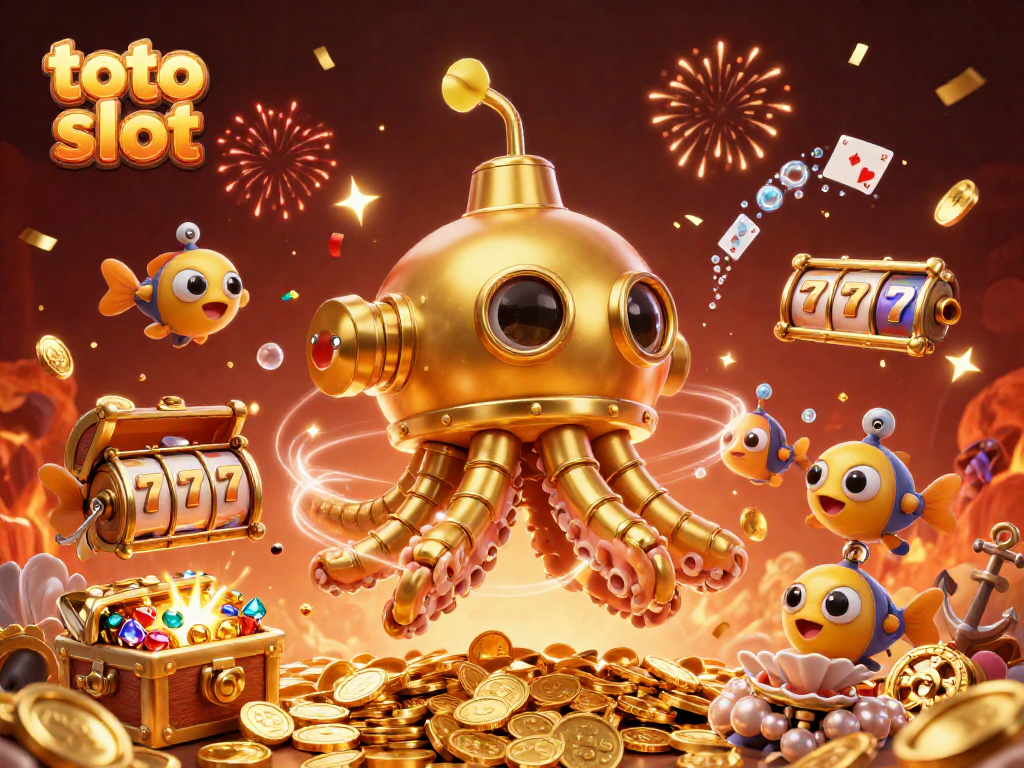Slot toto slot menampilkan tentakel kraken emas dengan harta karun dan kartu bermain di latar bawah laut.