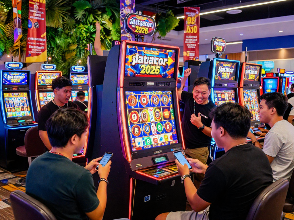 Suasana permainan slot gacor jackpot 2026 dengan pemain antusias, mesin slot berwarna-warni, dan atmosfer ceria.