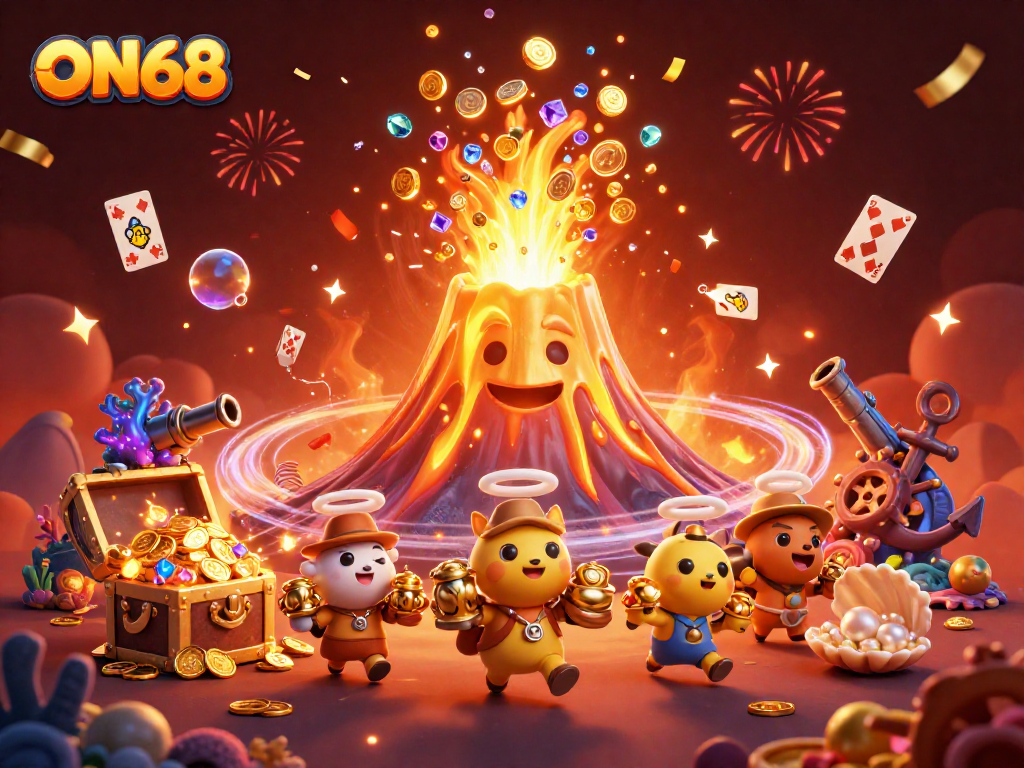Experience big wins at ON68 with vibrant treasures erupting in this dynamic casino scene.