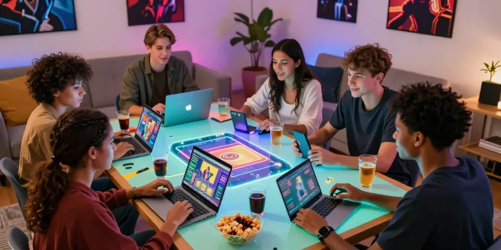 Friends enjoying a lively gaming session on kilat404 platform with laptops and colorful snacks.
