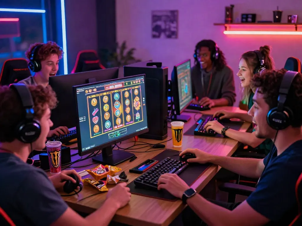 Exciting moment of friends playing slot online games with colorful graphics and gaming gear.