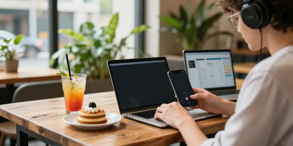 Engaging in sosyal media with insanony at a cafe, smartphone and analytics.