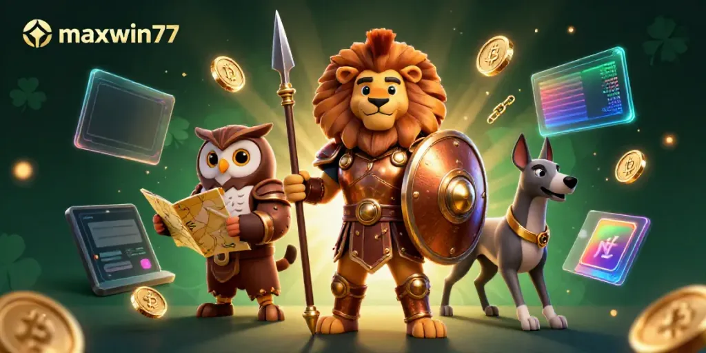 Experience thrilling wins with maxwin77 in a dynamic casino-themed scene featuring strategic characters.