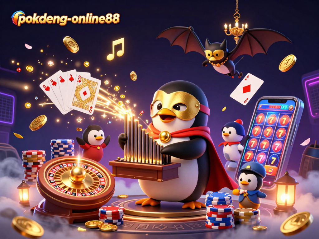 Experience thrilling gaming with pokdeng-online88 as a penguin plays a golden organ amidst dynamic casino elements.