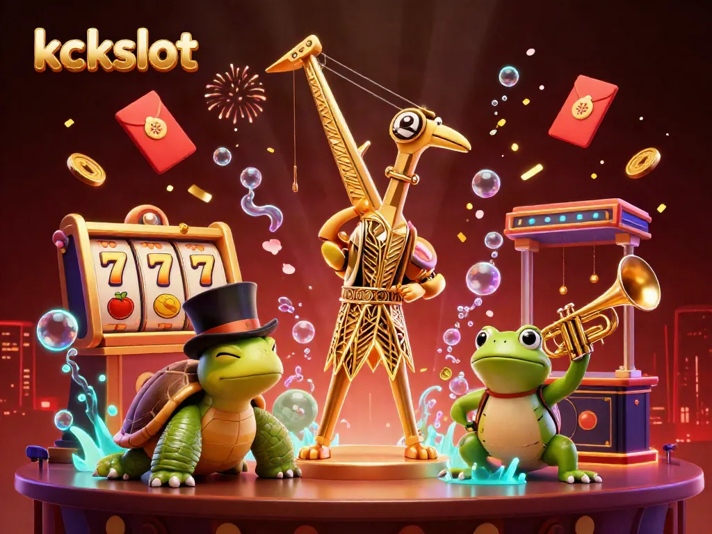 KCKSLOT menghadirkan ilustrasi 3D yang menampilkan karakter lucu dan elemen permainan slot dalam suasana meriah.