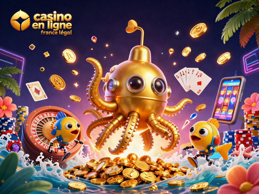 Illustration dynamique "casino en ligne france légal", kraken et machines à sous en 3D en pleine action.