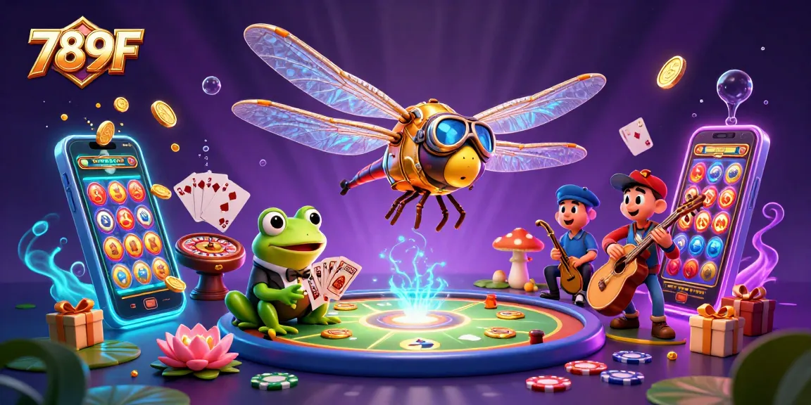 Experience the thrill of slots at 789F casino with vibrant dragonfly pilot and frog dealer.