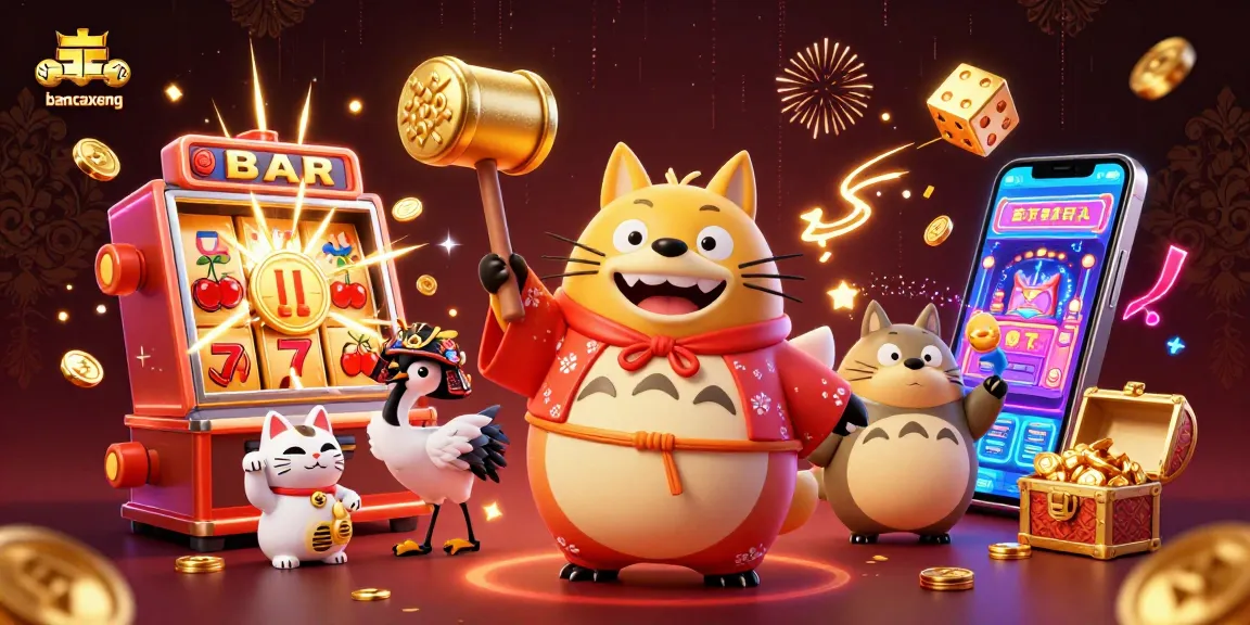 Bancaxeng features a cheerful tanuki and crane in a vibrant casino illustration showcasing dynamic game elements and rich rewards.