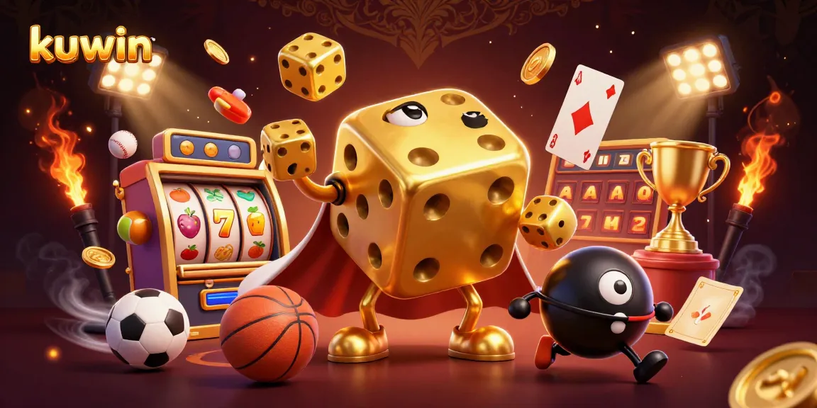 Kuwin showcases a vibrant online casino scene with a golden dice golem and slot elements for dynamic gameplay.
