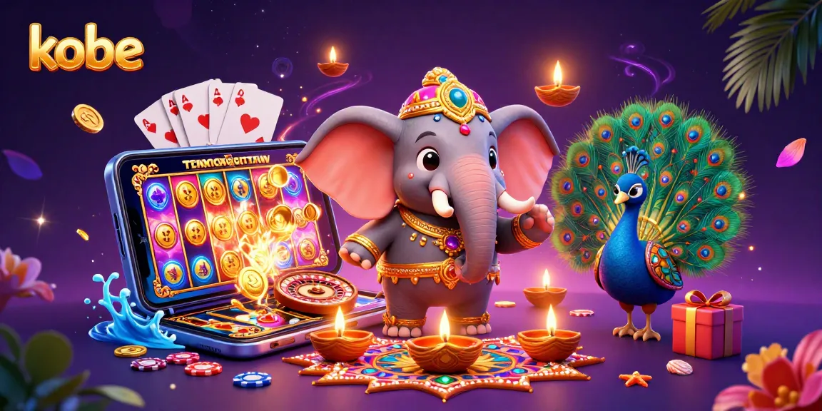 Play exciting games at kobe with a Diwali-themed elephant surrounded by vibrant casino elements.