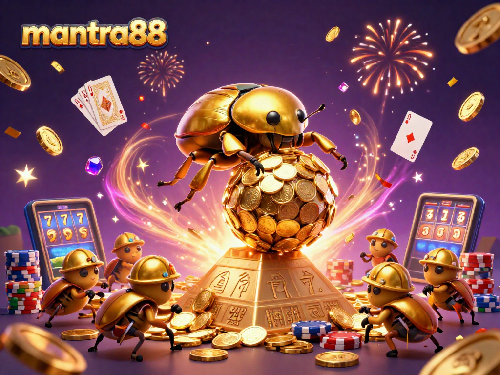 Experience the thrill of mantra88 casino with vibrant golden coins, beetle characters, and action-packed game elements.