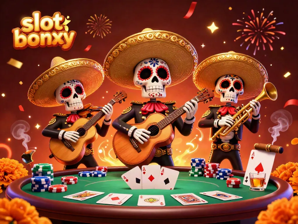 Experience the thrill of slot bonuses with vibrant mariachi skeletons celebrating at a poker table.