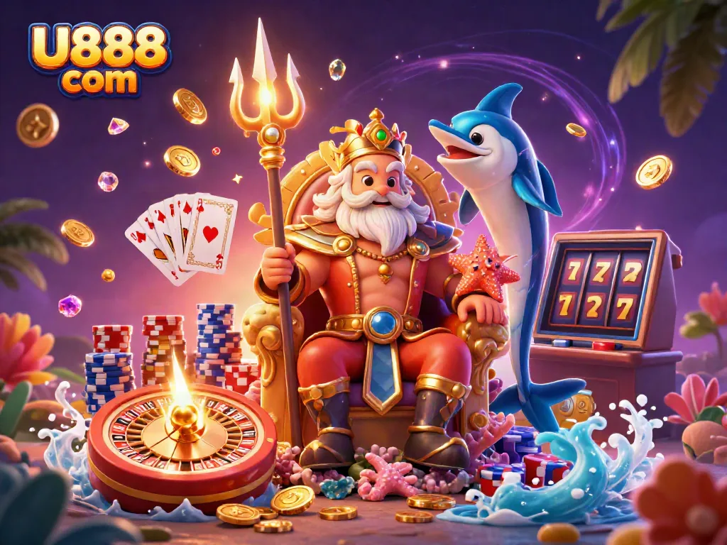 Experience the excitement of U888 com with Neptune the sea king, surrounded by thrilling casino elements.