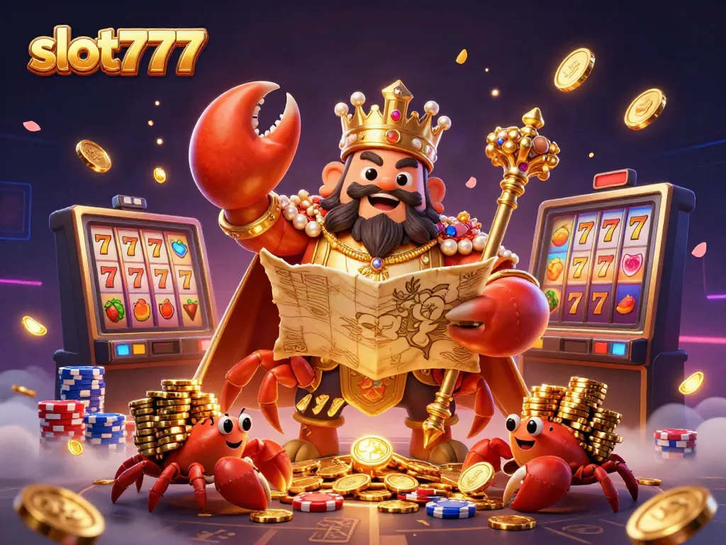 Slot777 menampilkan kepiting emas besar di kasino yang dikelilingi koin emas dan permainan slot.