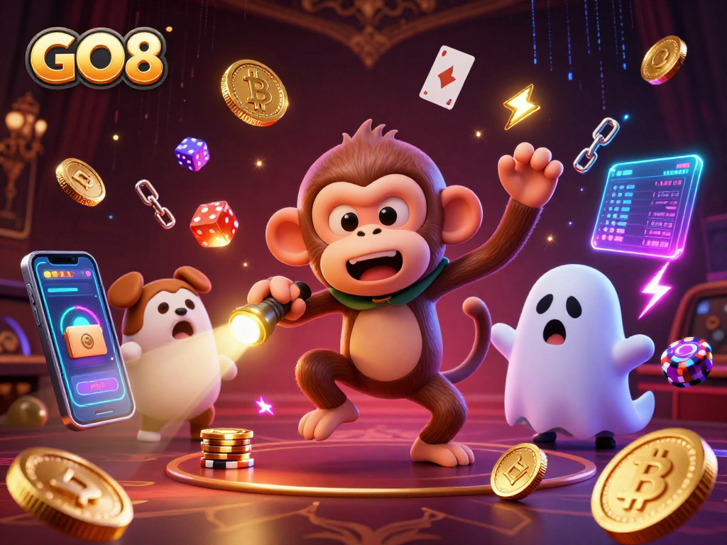 GO8’s vibrant casino illustration with playful ghostly monkey and curious puppy amidst bright crypto elements
