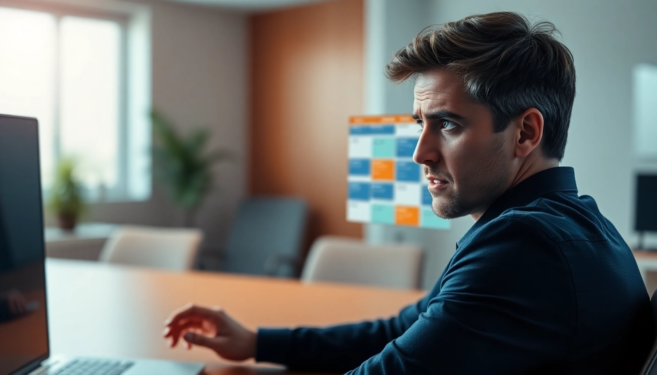 Solving AI calendar conflict resolution in a modern office setting with a digital display and focused user.