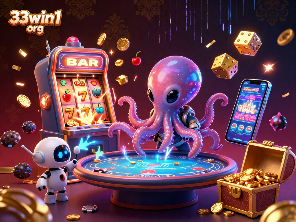 Engage with exciting 33win1 org casino action featuring a 3D cartoon alien octopus and jackpot symbols.