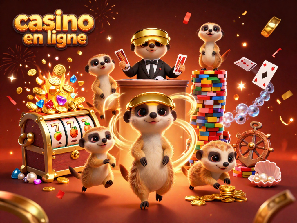 Les suricates gèrent un casino en ligne, entourés de trésors et de confettis festifs.