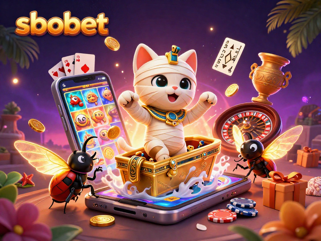 Experience sbobet excitement with a vibrant 3D scene featuring an Egyptian mummy cat in a casino.