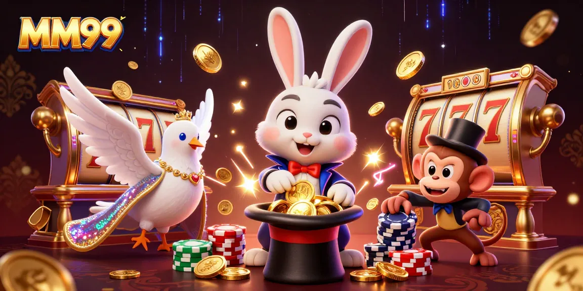 Experience magical wins with MM99, featuring a rabbit pulling coins and dynamic slot elements.