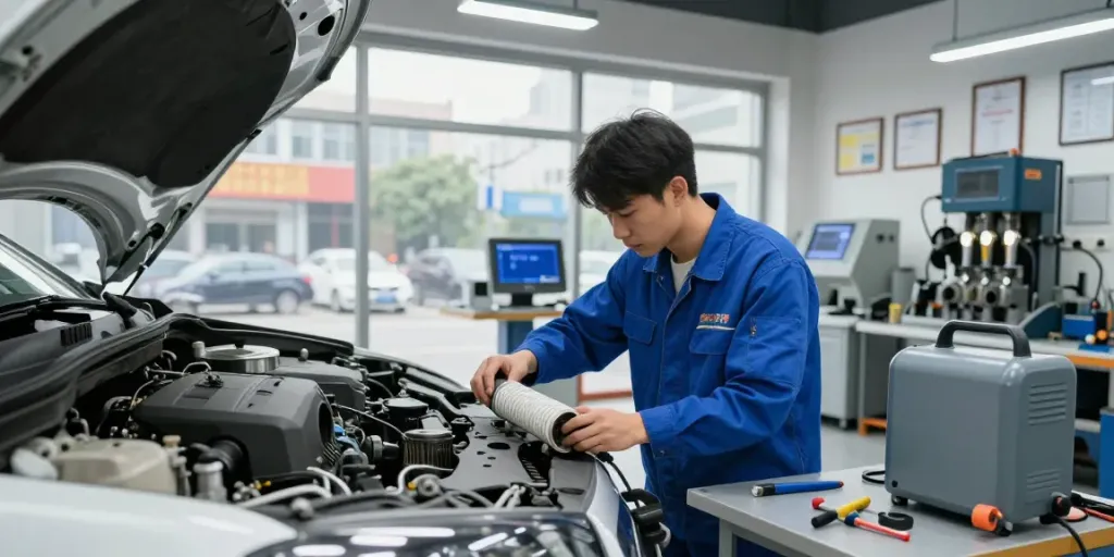Professionelle DPF-Reinigung in Hannover durch erfahrene Techniker in Werkstattumgebung.