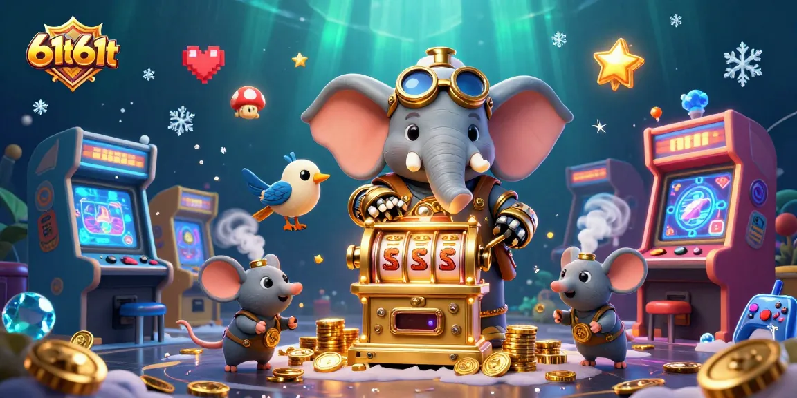 Spin the vibrant slot machine with 61t61t, guided by a steampunk elephant engineer and arcade game elements.