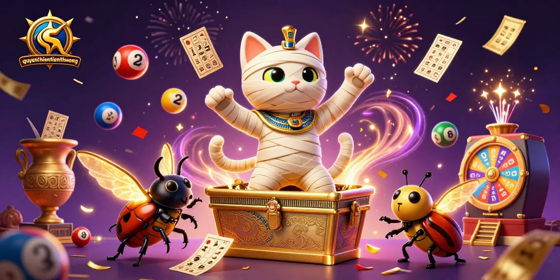 Experience the thrill of quyetchientienthuong in an engaging scene with golden tickets and floating bingo cards.