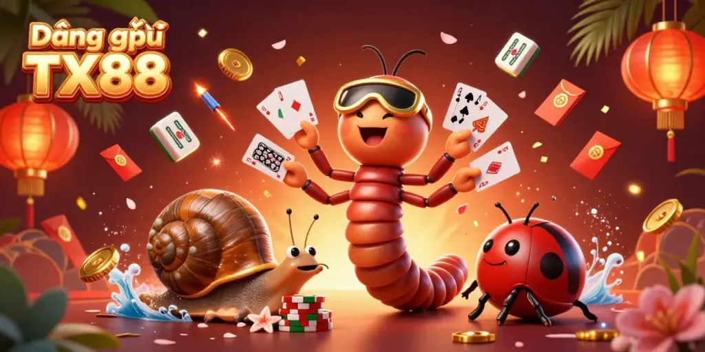 Engage in Đăng ký TX88 with a vibrant 3D casino scene featuring unique characters, cards, and tokens.