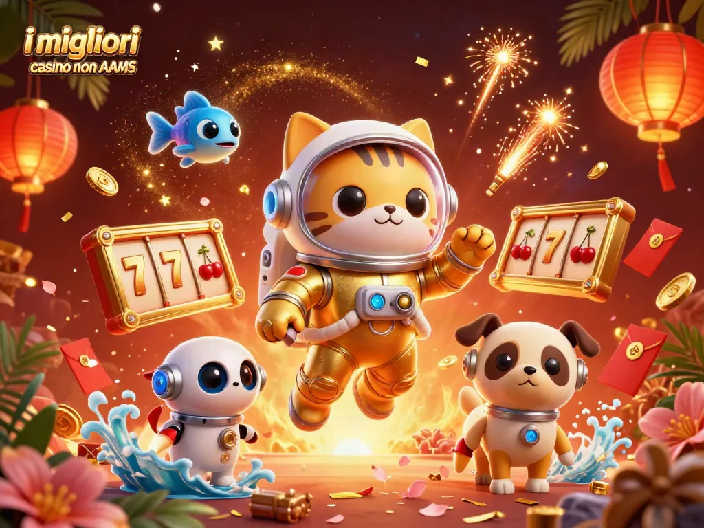 Scopri i migliori casino non AAMS con una scena festosa di giochi e premi luminosi