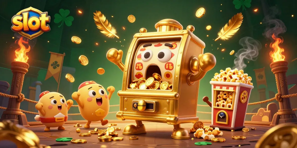 Slot gacor dengan mesin slot emas beraksi, koin berjatuhan, semangat permainan yang ceria.