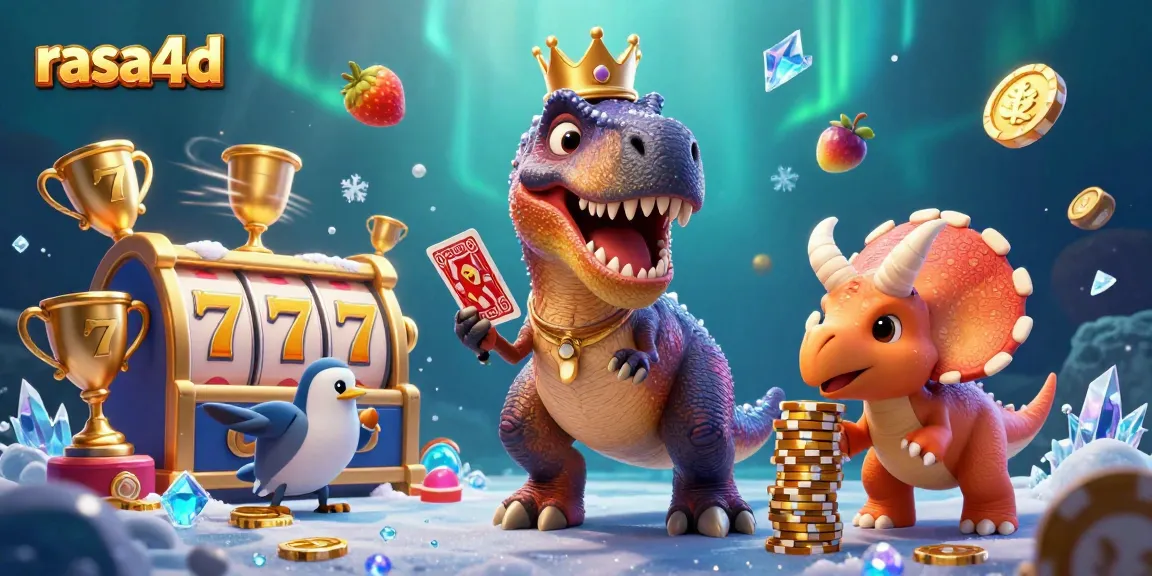 Rasa4d menyajikan ilustrasi menarik dengan karakter dinosaurus dan elemen mesin slot untuk pengalaman perjudian yang menarik.