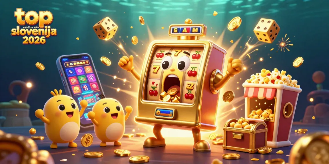 Vznemirljiva 3D ilustracija jackpot avtomata z zlatimi kovanci in simboli iger, ki predstavlja najboljšem spletnem kazinoju Slovenija 2026.