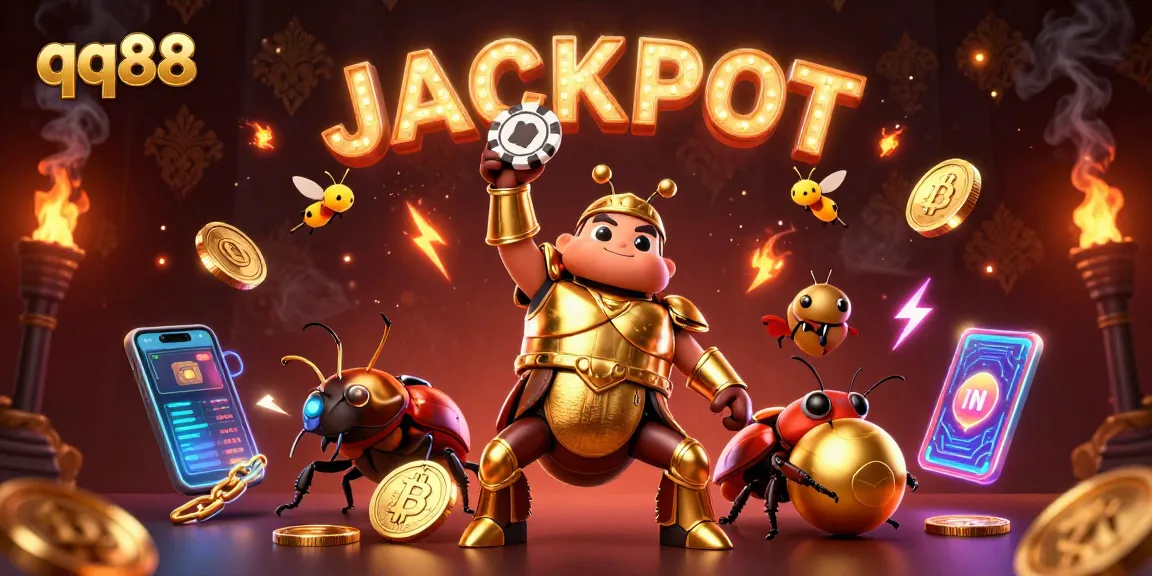Win big with qq88 in this vibrant casino-themed 3D illustration featuring character and elements.