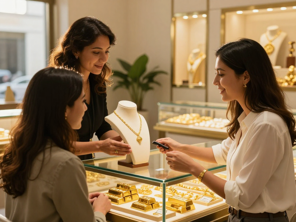 mantra88 gold buying experience in an elegant jewelry store showcasing high-quality products